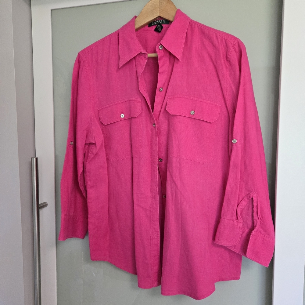 Lauren Ralph Lauren Hot Pink 100% Linen Button Up Blouse Size Large